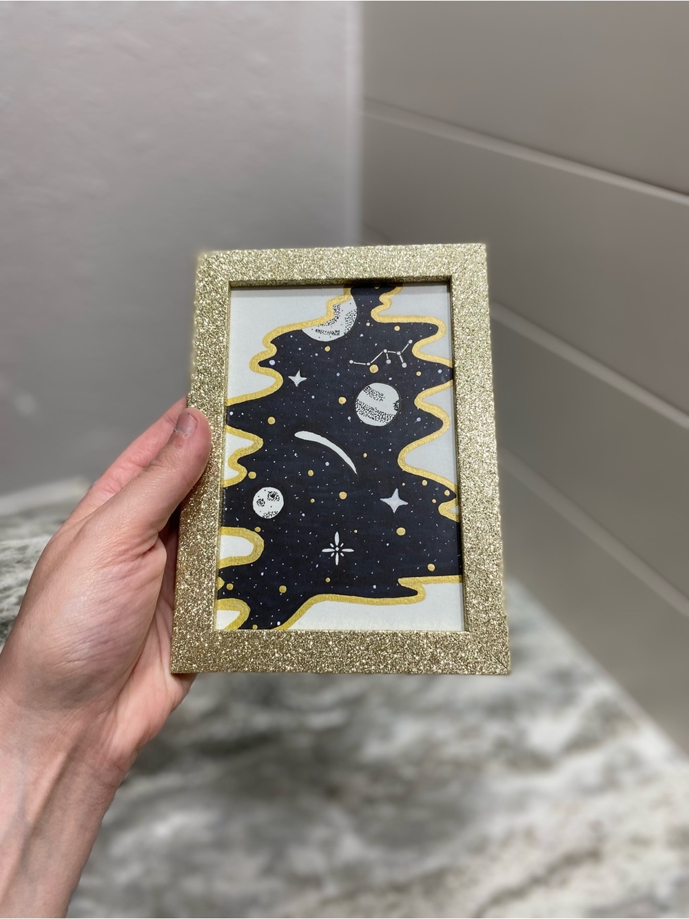 Hand Crafted Black & White Space Illustration w/ Gold Glitter Frame